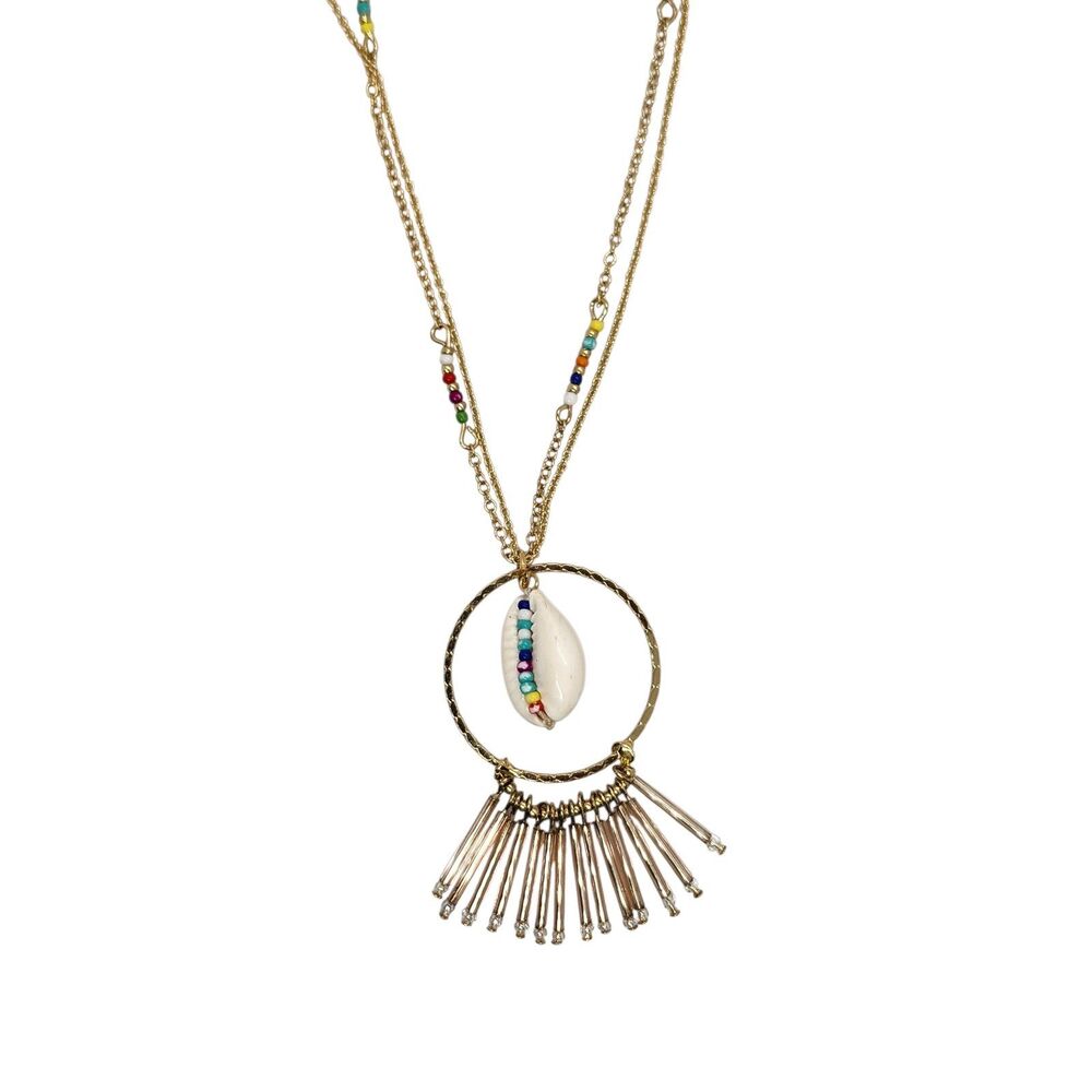 INC Long Gold Toned Circle Pendant Cowrie Shell Beaded Fringe Necklace 39" NWT